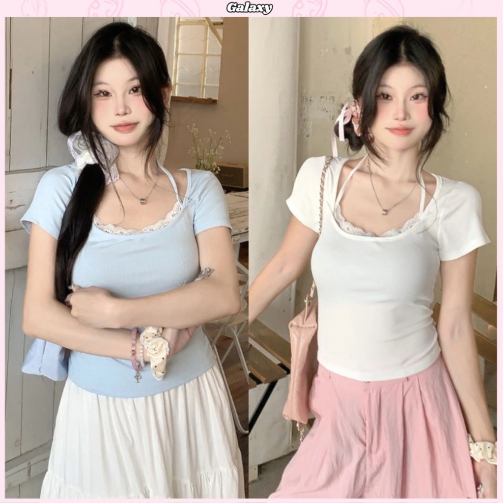 เสื้อยืดเเขนสั้น เสื้อครอปสีพื้น คอสี่เหลี่ยม เเต่งลูกไม้ เปิดคอลึก พรางหุ่น #020335