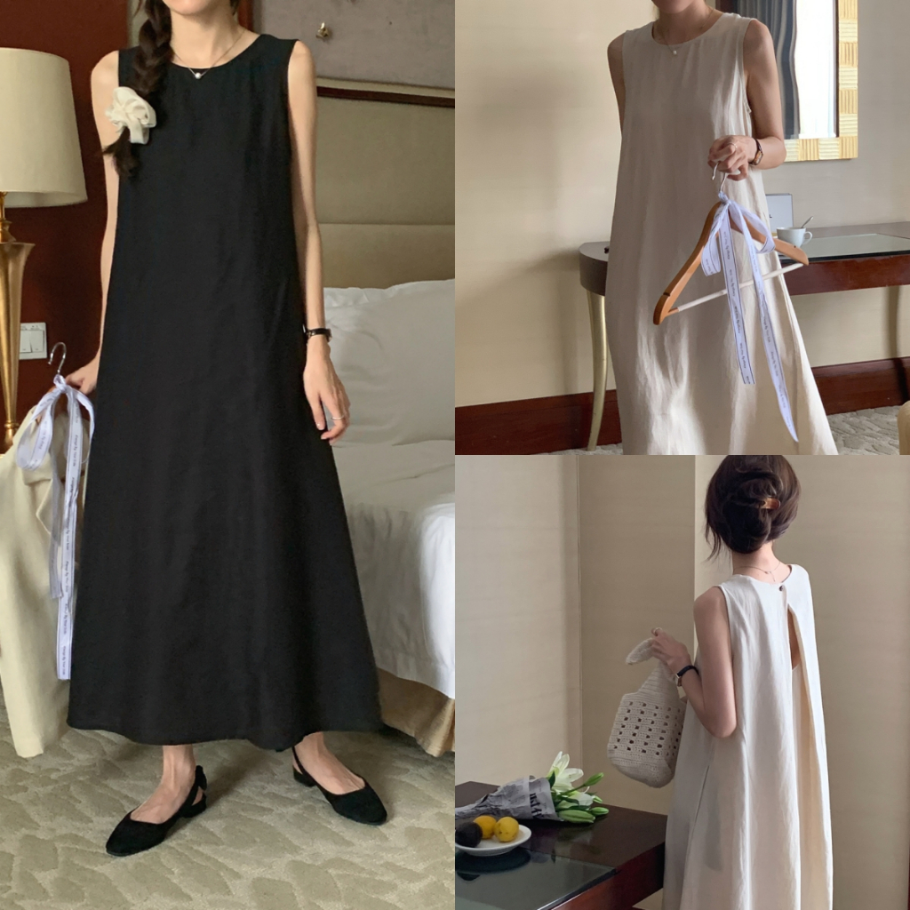 ชุดเดรสแขนกุด เดรสยาวเปิดไหล่ ทรงเปิดหลัง สีพื้น เรียบง่าย ลำลองและอเนกประสงค์