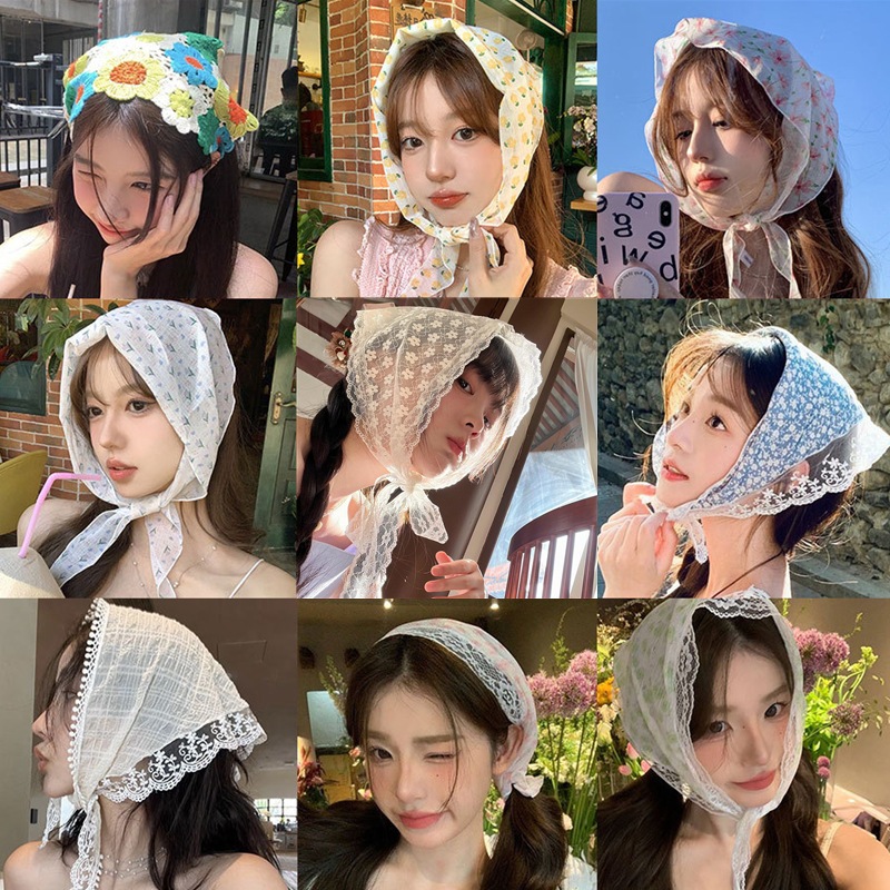 ผ้าโพกศีรษะ (E05) ผ้าพันคอ 14 ลาย ทรงสามเหลี่ยม ลายดอกไม้ ลายตาราง สำหรับผู้หญิง