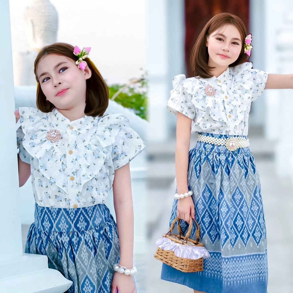ชุดไทยเด็กผู้หญิง เด็กโต 8-15ปี เซท2ชิ้น เสื้อ กระโปรง อก38นิ้ว ผ้าฝ้ายพิมลายไทย ใส่สบาย อัดลายดอกไม้นูน - รูปที่ 3