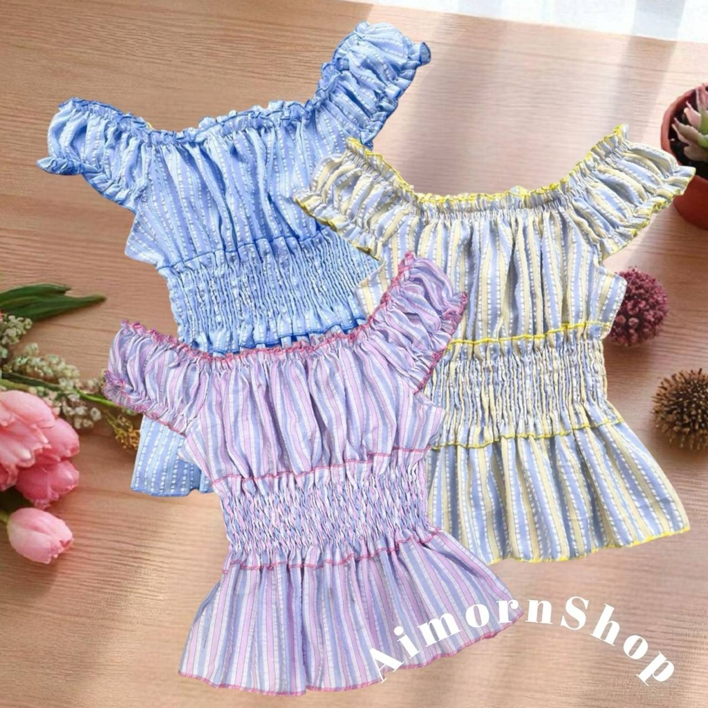 🔥aimorn_shop🔥เสื้อสม็อคช่วงเอว แขนตุ๊กตา ใส่ปาดไหล่ได้ ลายริ้วชิคๆ สีหวานละมุนมาก - รูปที่ 5