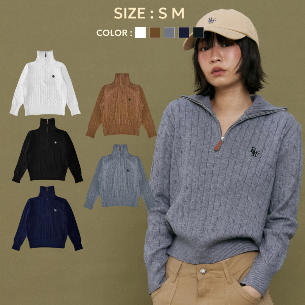 (พร้อมส่ง)Bemingtop974(S-M)-Half Zip Cable Knit – เสื้อไหมพรมคอซิปทรงสวย เท่ได้ ละมุนก็ได้