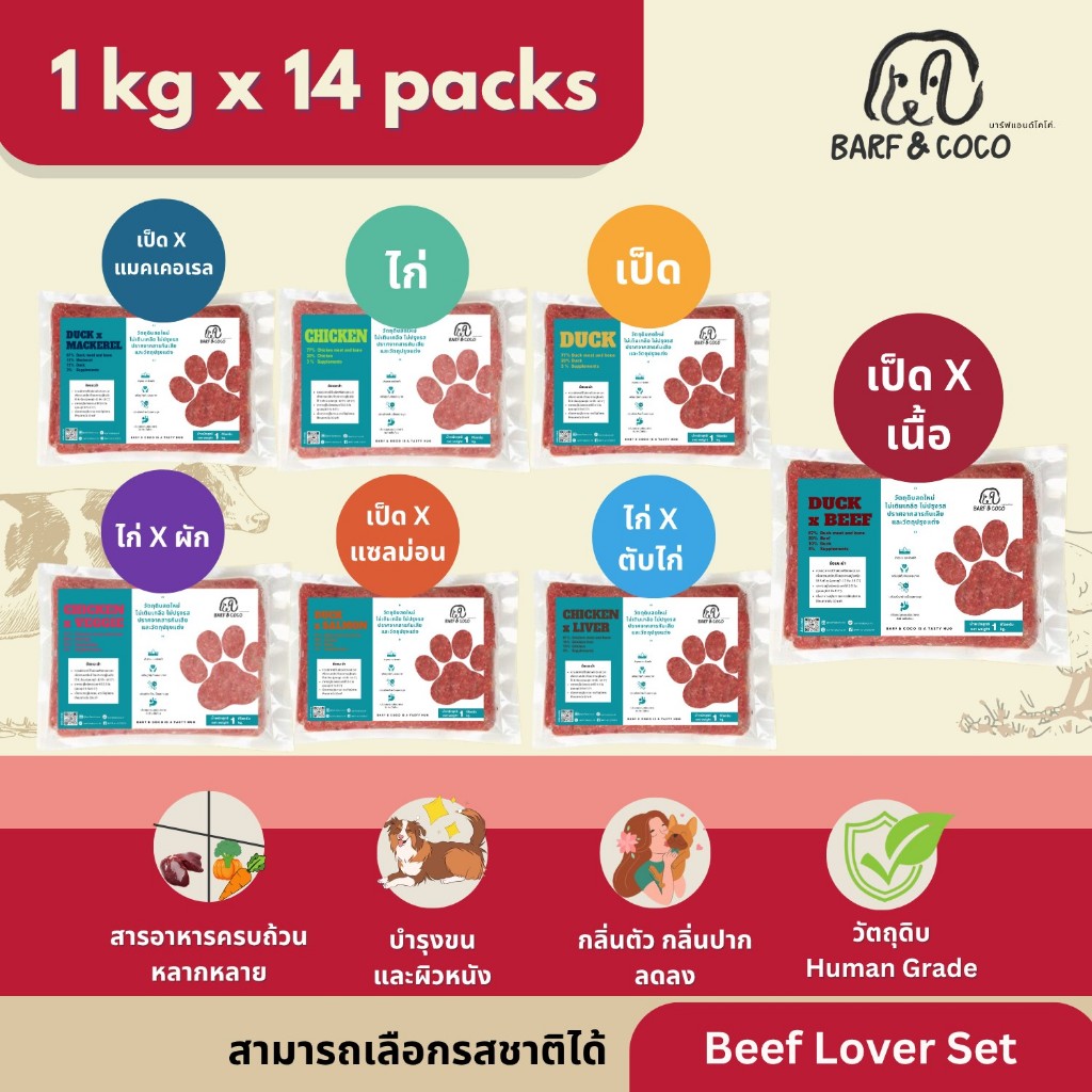 (จัดส่ง 26 เมษา) BARFสุนัข สายชอบเนื้อวัว Beef Lover Set 1kg x 14 แพ็ค