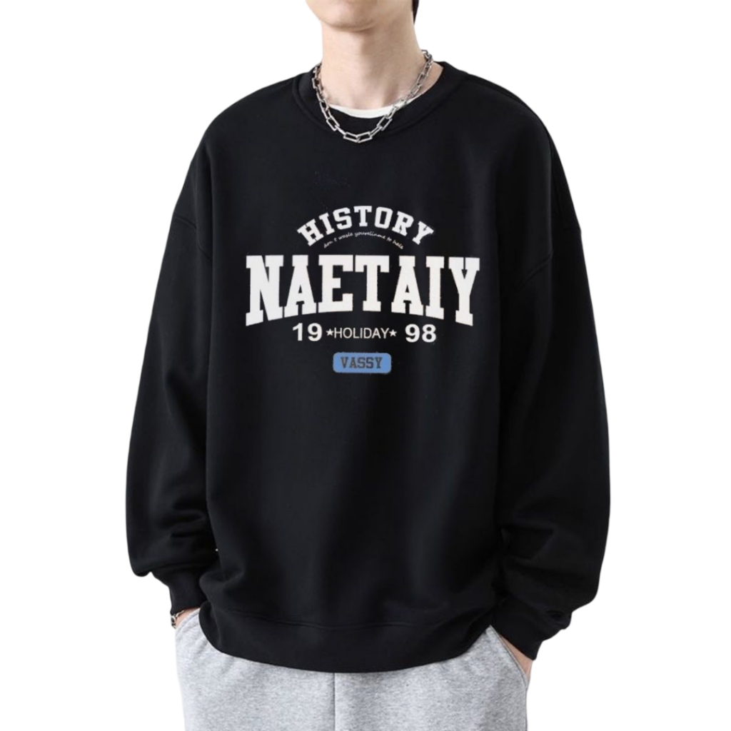 เสื้อสเวตเตอร์แขนยาวคอกลม พิมพ์ลายอักษร ขาว ดำ เทา ไซส์ M-5XL ใส่ได้ทั้งชายหญิง ส่งของทุกวัน