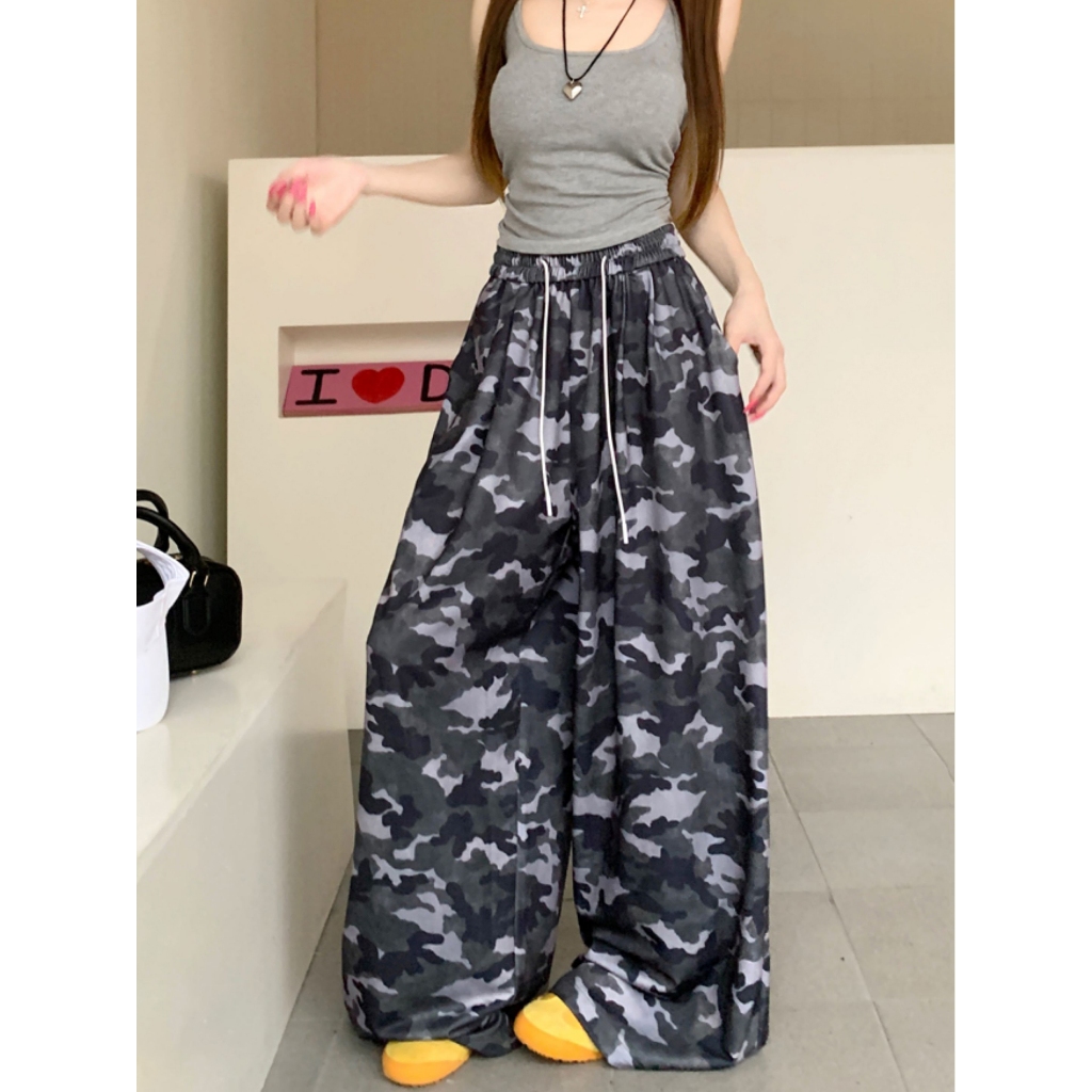 กางเกงขายาว กางเกงผู้หญิง ลายทหาร สไตล์เลซี่ เอวยืดได้#1241