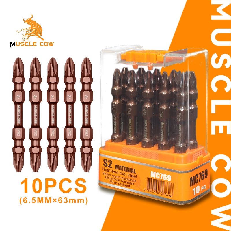 MUSCLE COW ดอกสว่านหัวแฉก ดอกไขควง หัวแม่เหล็ก 2 ด้าน ยาว65 มม. ชนิดเหล็ก S2 แบบ PH2 หัวแฉกมีแม่เหล็ก ชุด10ดอก
