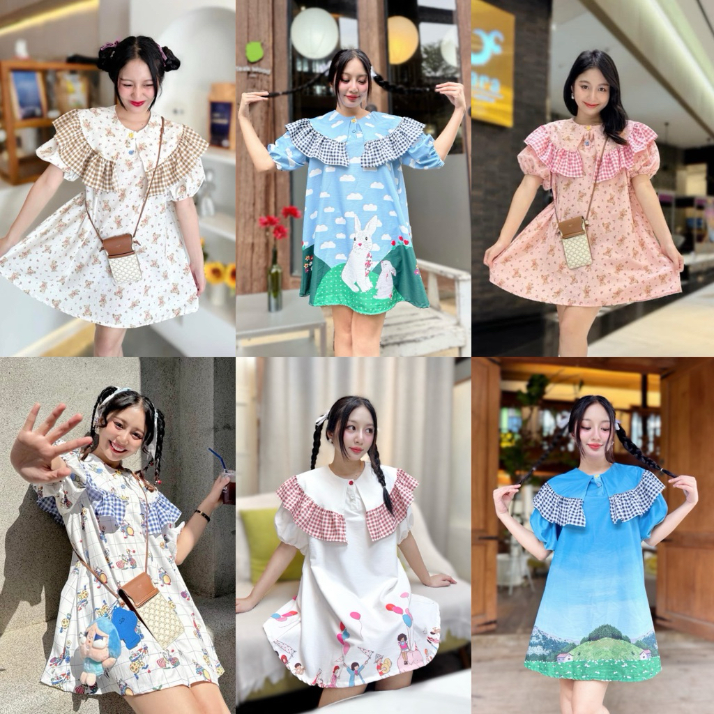 🐻เดรสผ้าครัชน์ทรง Oversized  แต่งกระดุมดอกไม้  แต่งผ้าลายสก็อต