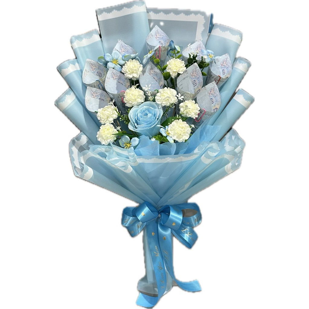 ช่อมะลิวันแม่  ช่อดอกไม้มะลิวันแม่แซมด้วยดอกกุหลาบสีฟ้า(ใส่ธนบัตรได้ 5-10 ใบ)