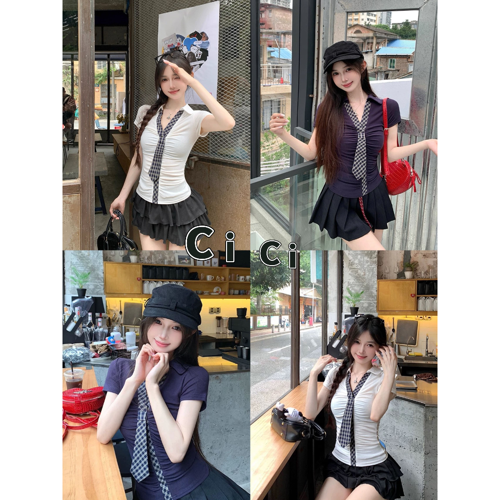 Cicishop(Y6327-1) เสื้อแขนสั้น คอปก ดีเทลแต่งเนคไทลายสก็อต จั้มอก เข้าทรงผ้ายืด สไตล์นักเรียนเกาหลี