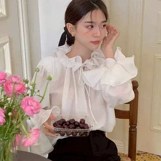 K607 💗 เสื้อ White Shirt สไตล์ลูกคุณหนูเกาหลี S-XXXL รอบอกใหญ่สุดถึง 60 นิ้ว แต่งคอปกระบาย เหมาะใส่ไปงานต่างๆ 💗
