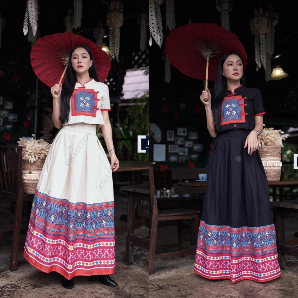 เซ็ทเสื้อคอจีนและกระโปรงผ้าโพลี่เอสเตอร์พิมพ์ลายม้งจิกมือ มี 2 สี
