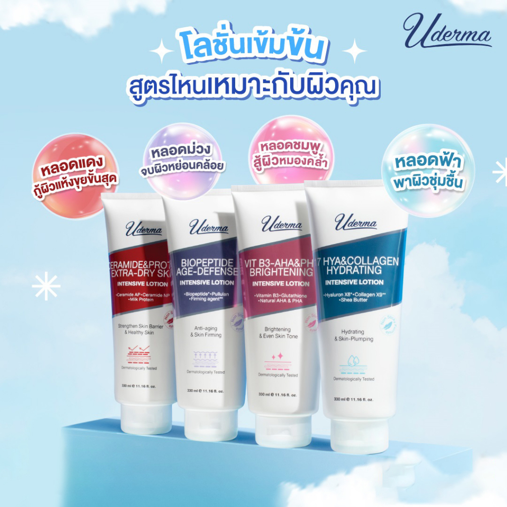 โลชั่น Uderma Intensive Lotion โลชั่นสูตรเข้มข้น 4 สูตรตอบโจทย์ทุกปัญหาผิวกายที่แตกต่าง 330 มล