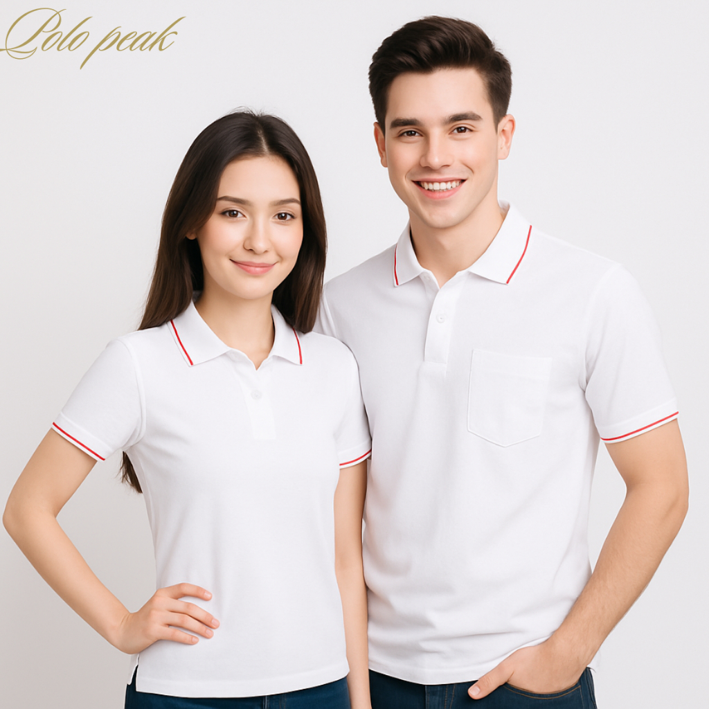 เสื้อโปโลสีขาว ปกริ้วเส้นเล็กสีแดง แขนจั๊ม polopeak