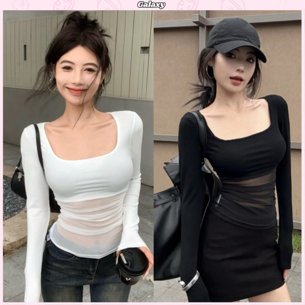 เสื้อครอป เสื้อยืดเเขนยาว ผ้ายืดได้  รัดรูป เซ็กซี เนื้อผ้าเบาบาง #020337