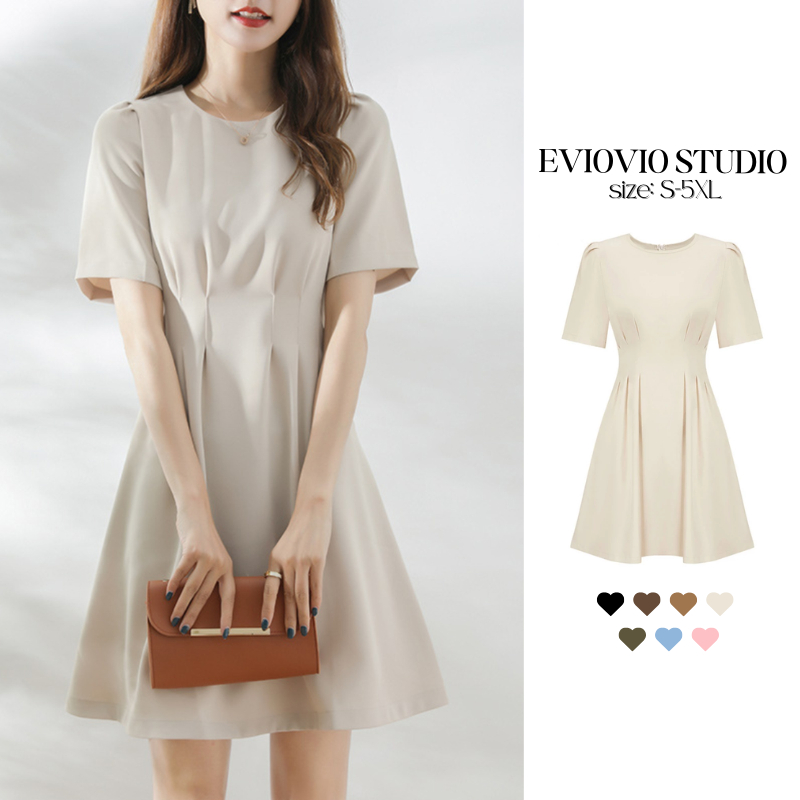 [EVIOVIO] S-5XL ชุดเดรสผู้หญิง แต่งจีบ สีพื้น สไตล์ลำลอง เดรสไซส์ใหญ่ ทรงเข้ารูป แขนพอง พร้อมส่งจากไทย ชุดไปงานแต่ง