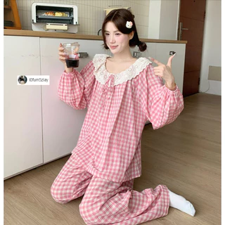 (ราคาถูกที่สุด) ชุดนอนผู้หญิง， ผ้าฝ้ายคุณภาพดี， ลูกไม้ที่สวยงาม， ขายาว+เสื้อ，M-2XL