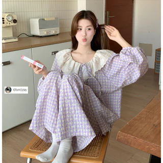 (ราคาถูกที่สุด) ชุดนอนผู้หญิง， ผ้าฝ้ายคุณภาพดี， ลูกไม้ที่สวยงาม， ขายาว+เสื้อ，M-2XL