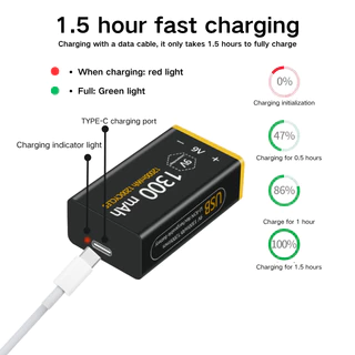 แบตเตอรี่ 9V 1300mAh Li-ion 9V 6F22 แบตเตอรี่แบบชาร์จไฟขนาดเล็ก TYPE-C