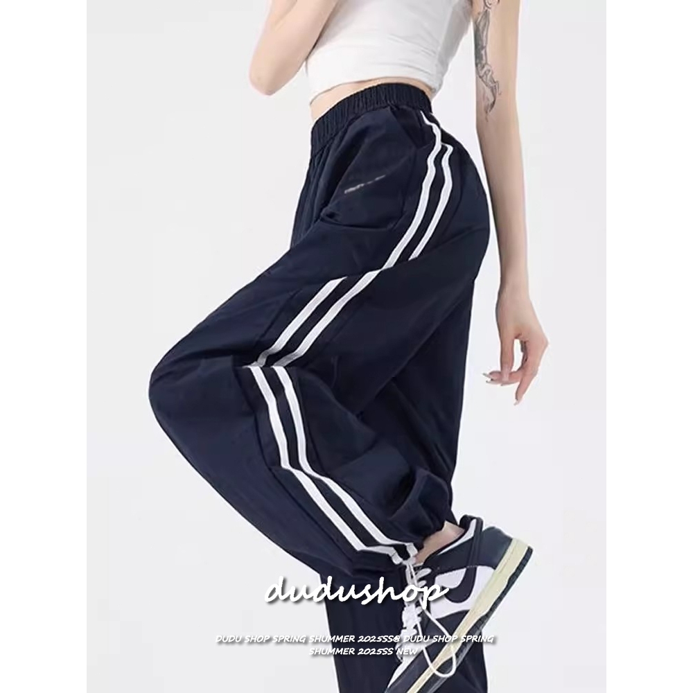 [Summer quick-drying fabric sports wide-leg pants]กางเกงขากว้างเอวสูงสไตล์อเมริกันผู้หญิง 2025 กางเกงหลวมสบาย ๆ ใหม่