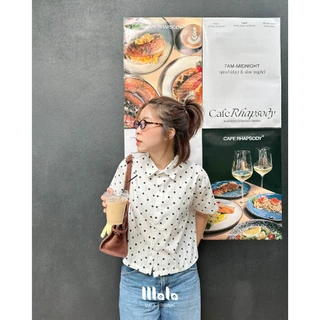MalaOriginal |【พร้อมส่ง】Mini Polkadot Crop Shirt 🍪 เสื้อเชิ้ตครอป แขนสั้น ลายจุดขาวดำ จุดเล็ก ขนาดกำลัง