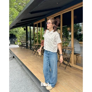 MalaOriginal |【พร้อมส่ง】Mini Polkadot Crop Shirt 🍪 เสื้อเชิ้ตครอป แขนสั้น ลายจุดขาวดำ จุดเล็ก ขนาดกำลัง