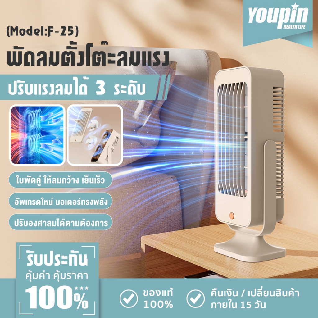 Youpin พัดลมตั้งโต๊ะสองใบพัด ชาร์จ USB ปรับความเร็ว 3ระดับ 360° เสียงเงียบ พัดลมไร้สาย พัดลมพกพา