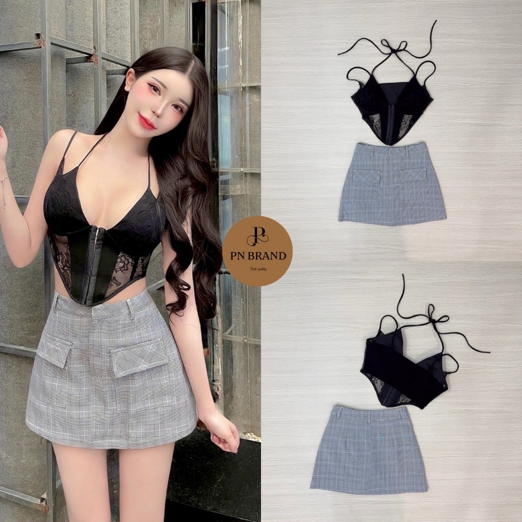 PN เซท 2 ชิ้น เสื้อครอปสายเดี่ยว มาพร้อมสายผูกหลังคอเพิ่มดีเทลให้ดูน่ารักแต่ยังเซ็กซี่