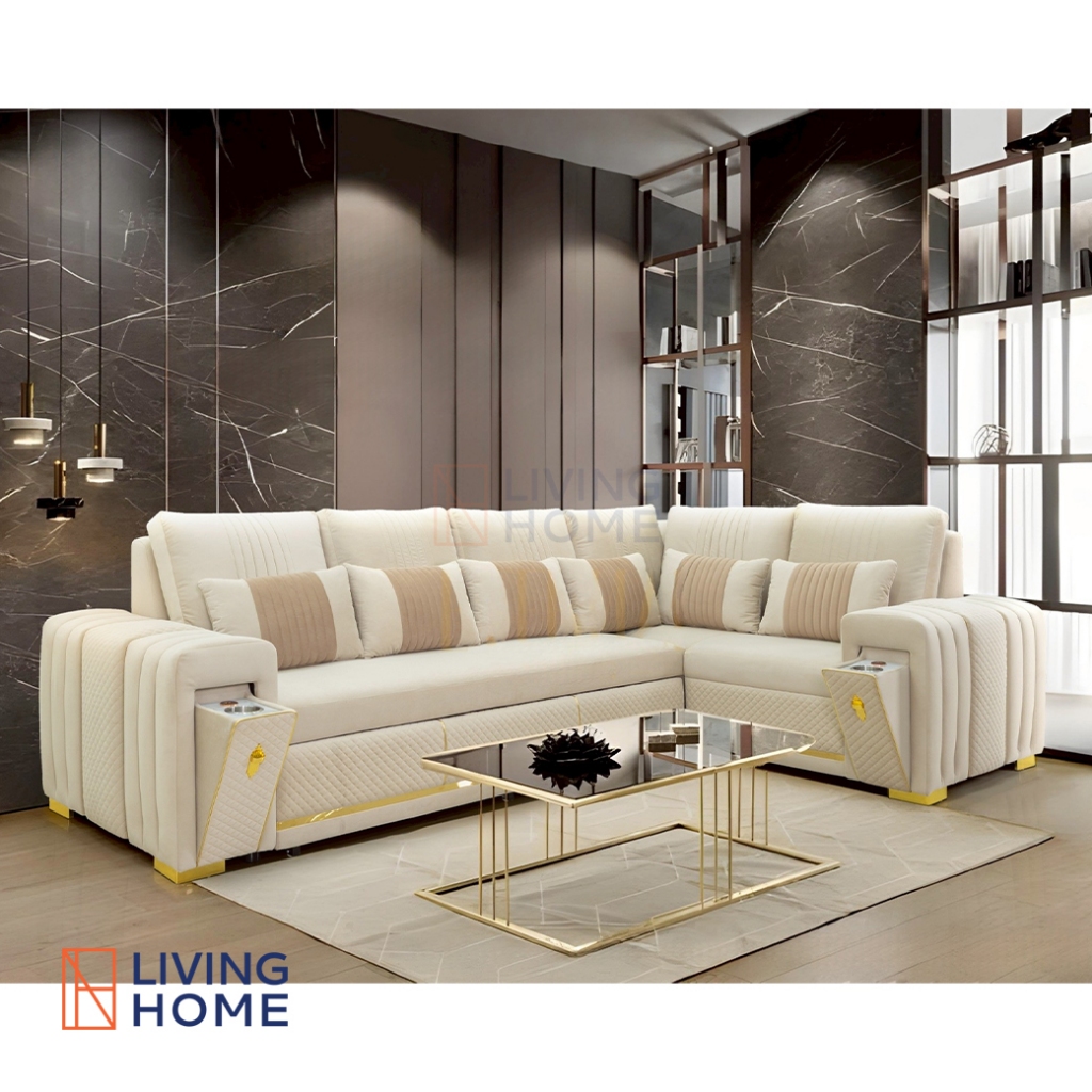 โซฟาเข้ามุม รับรองแขก รุ่น VELLUTO (เวลลูโต้) หุ้มผ้าเดนมาร์กสีครีม  | Livinghome Furniture Mall.