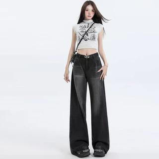 S-5XL Jean Womens Black Baggy Jeans Semi Denim กางเกงยีนส์เอวสูงผ้ายื