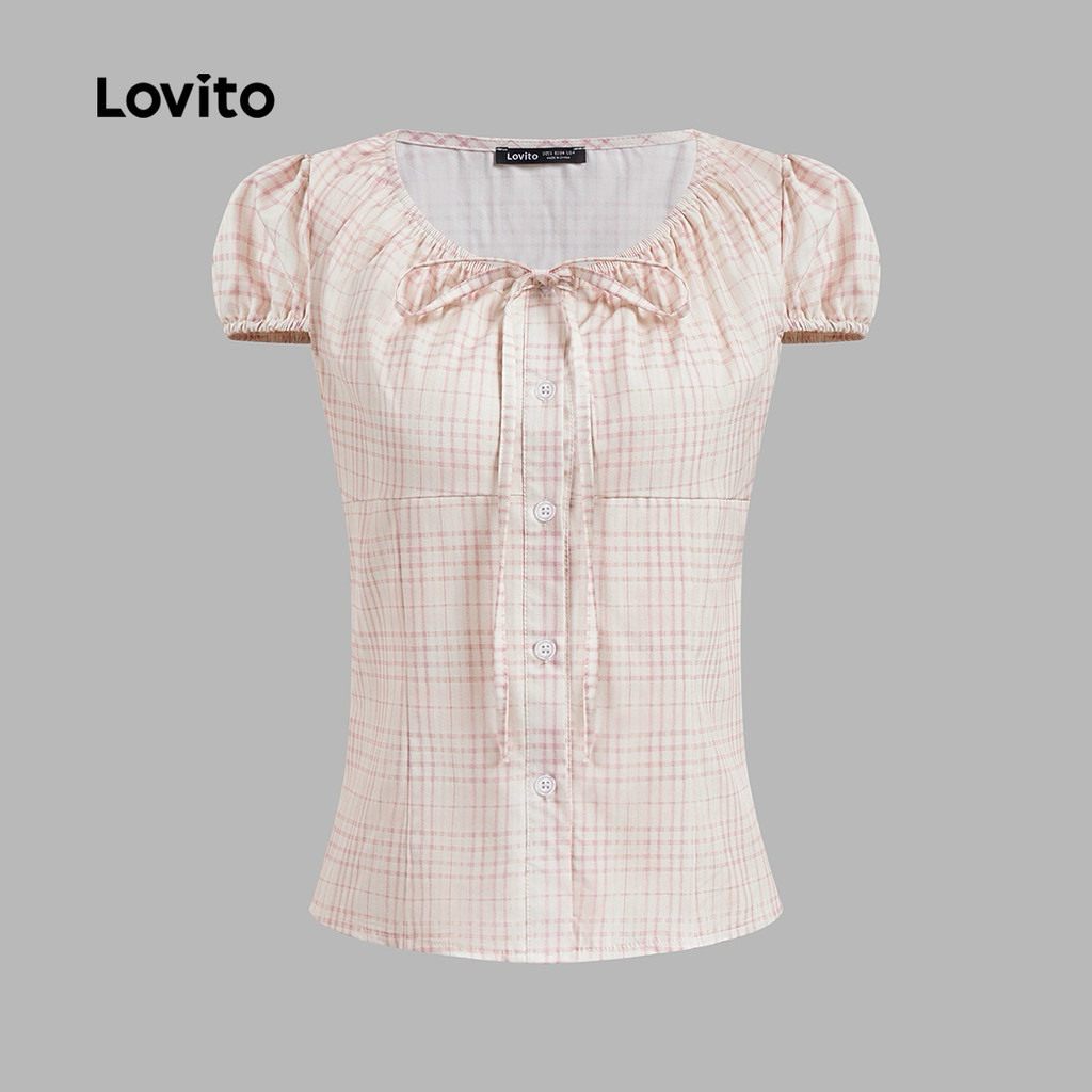 (ส่งต่อ) Lovito เสื้อเบลาส์จีบลูกไม้ลายทางลำลองสำหรับผู้หญิง