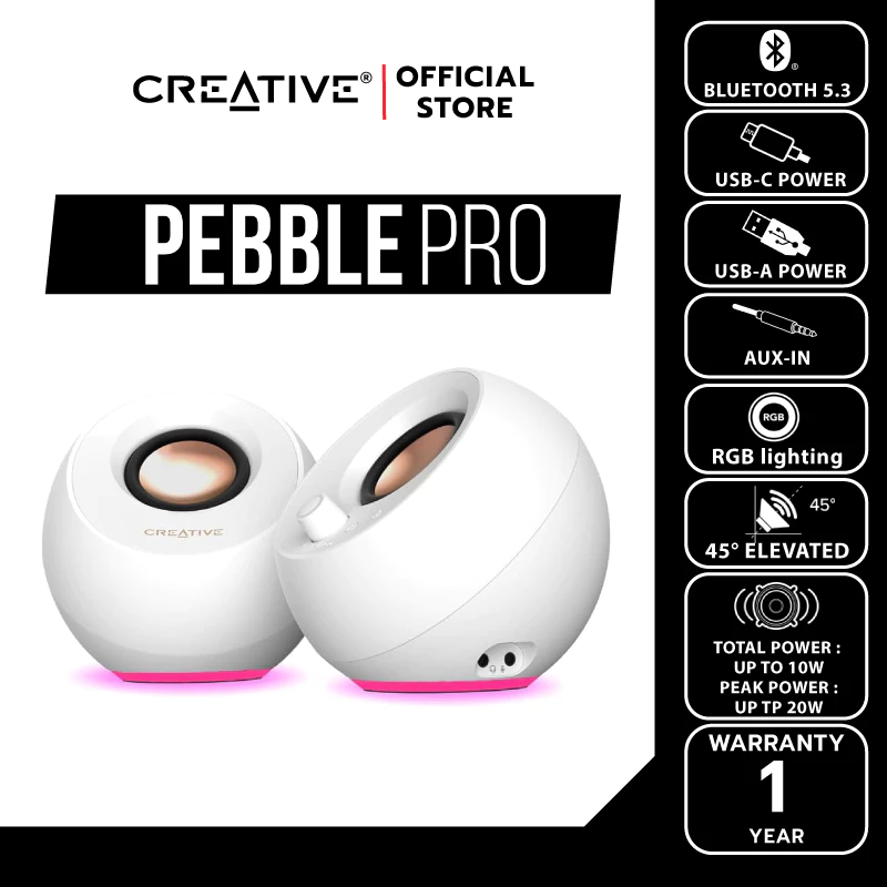 CREATIVE PEBBLE PRO ลำโพง 2.0 บูลทูธ 5.3 USB-C ไฟ RGB สีขาว