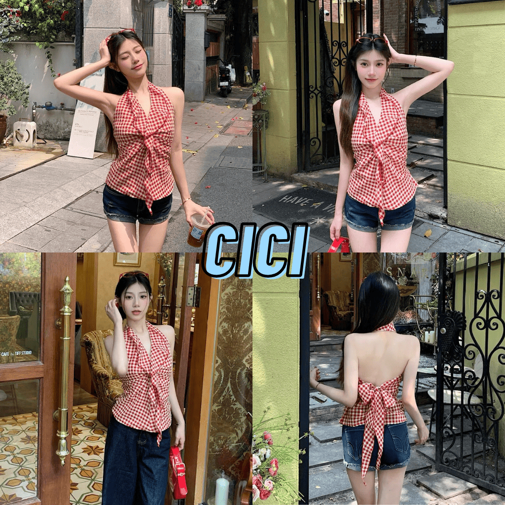 ส่งทันที Cici(NO. Y6338) เสื้อคล้องคอลายสก็อต แต่งระบายเปิดหลัง ด้านหลังยางยืด ผูกหลัง สาวแฟชั่น