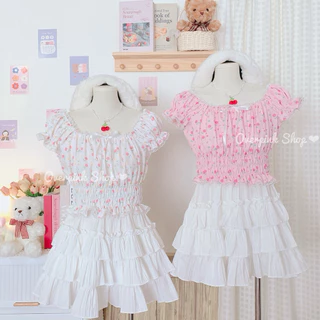 🌸OVP🌸 เสื้อลายดอกกุหลาบ แขนตุ๊กตาดอลลี่เล็ก แต่งลูกไม้สม็อคเอว เสื้อครอป (7)