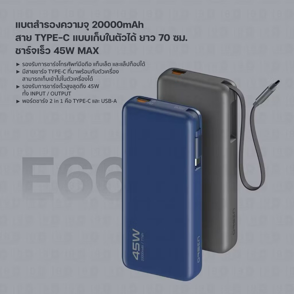 [ของแท้ พร้อมส่ง🇹🇭]Orsen by Eloop E66 มีสายในตัว  20000mAh ชาร์จเร็วPD 45W USB Type C