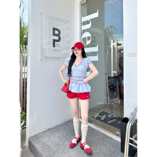 Pummy Top เสื้อแขนตุ๊กตาผู้หญิง ลายริ้วทรงบอลลูน