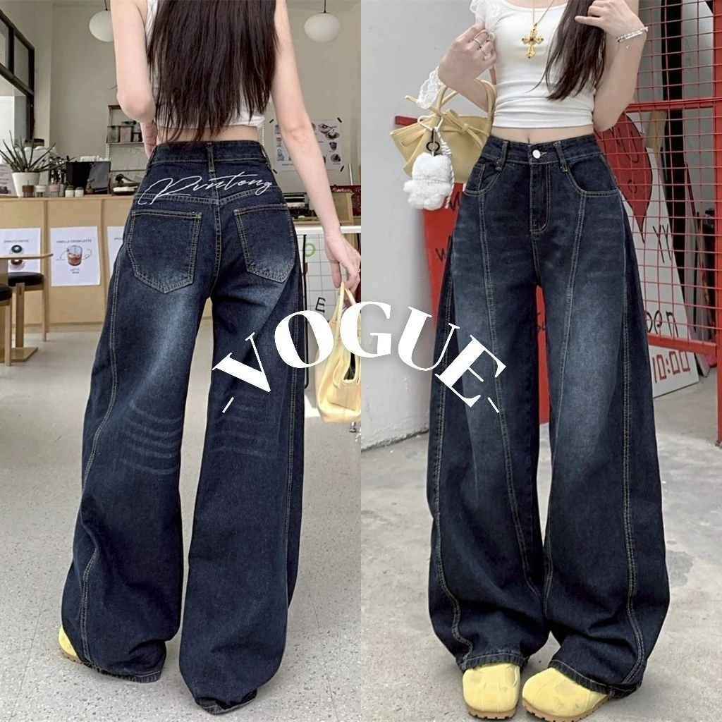 Vogue🌟พร้อมส่ง🌟 กางเกงยีนส์ขายาว เอวสูง ดีเทล ถัดลายตัวอักษรด้านหลัง (NZ1963)