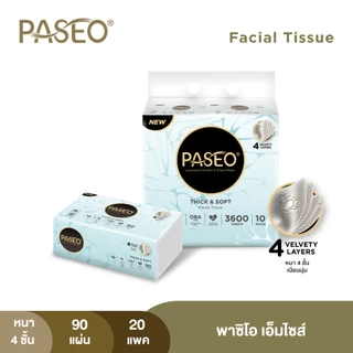 (2 แพ็ค 20 ห่อ) PASEO พาซิโอ เอ็มไซส์ กระดาษเช็ดหน้า ขนาดกลาง หนา 4 ชั้น 90 แผ่น แพ็ค 10​ ห่อ (ทิชชู่ กระดาษทิชชู่) x 2