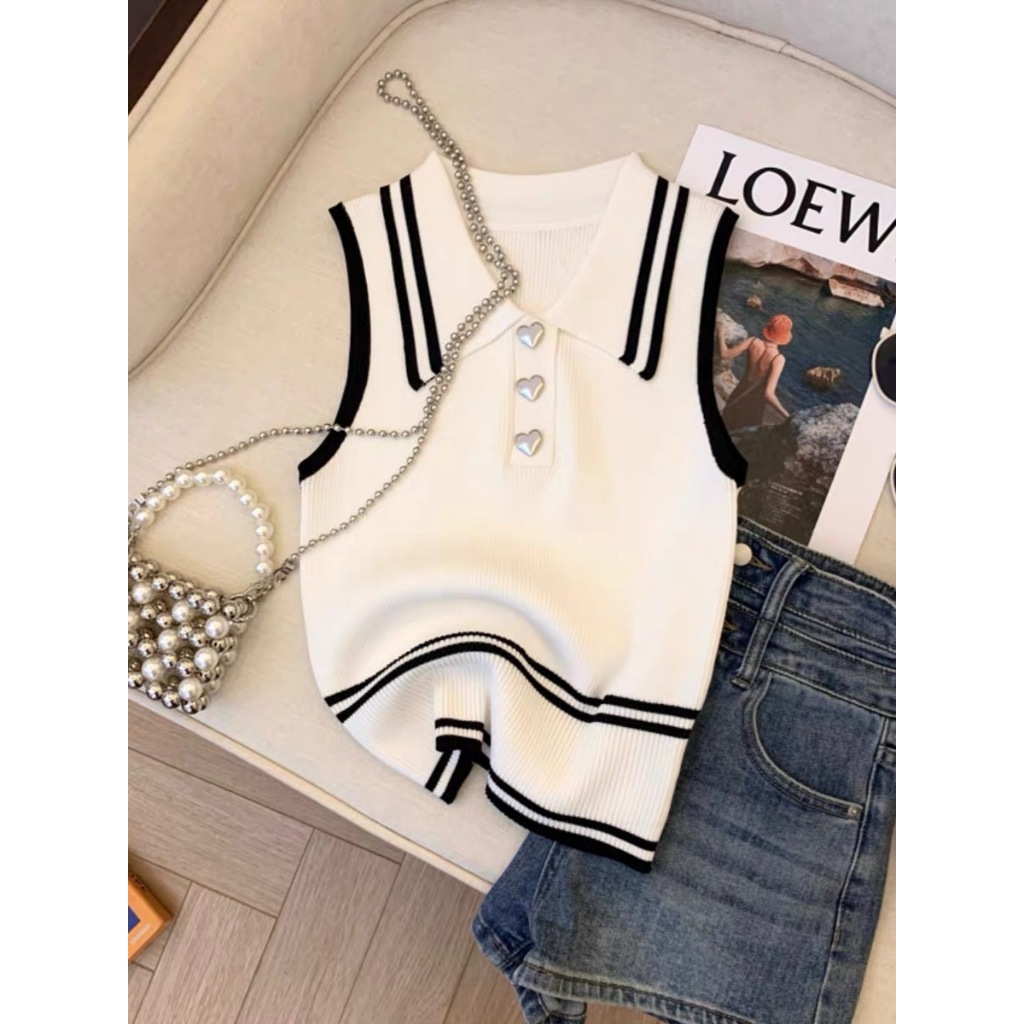 (พร้อมส่งที่ไทย#80125-2)เสื้อกล้ามคอโปโลแขนกุด ไหมพรมลายแถบสไตล์เกาหลี