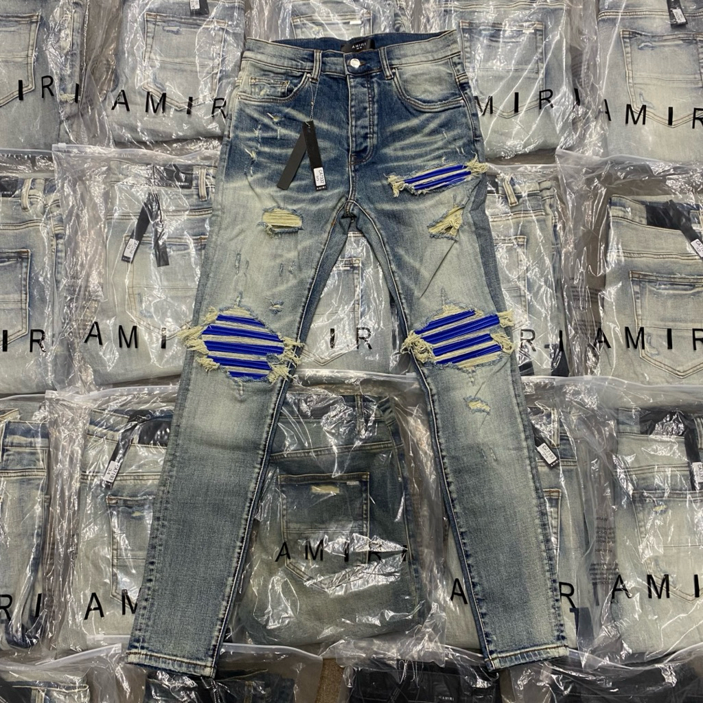 กางเกงยีนส์ Amiri แต่งเข่าน้ำเงิน พร้อม ป้ายห้อย ถุงซิป