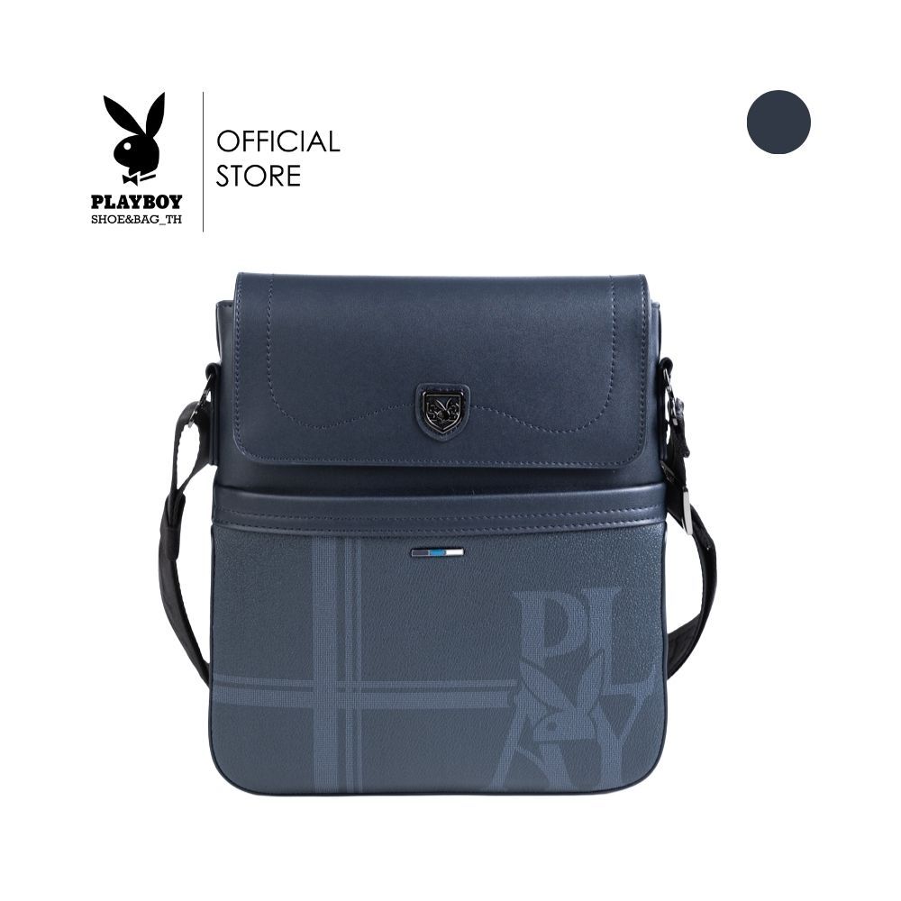 PLAYBOY  รุ่น Night play กระเป๋าสะพายข้างผู้ชาย รหัส ST-B253PBM319-BL ดีไซน์ทรงเเมสเซนเจอร์ สกรีนโลโก้ สี Navy Blue