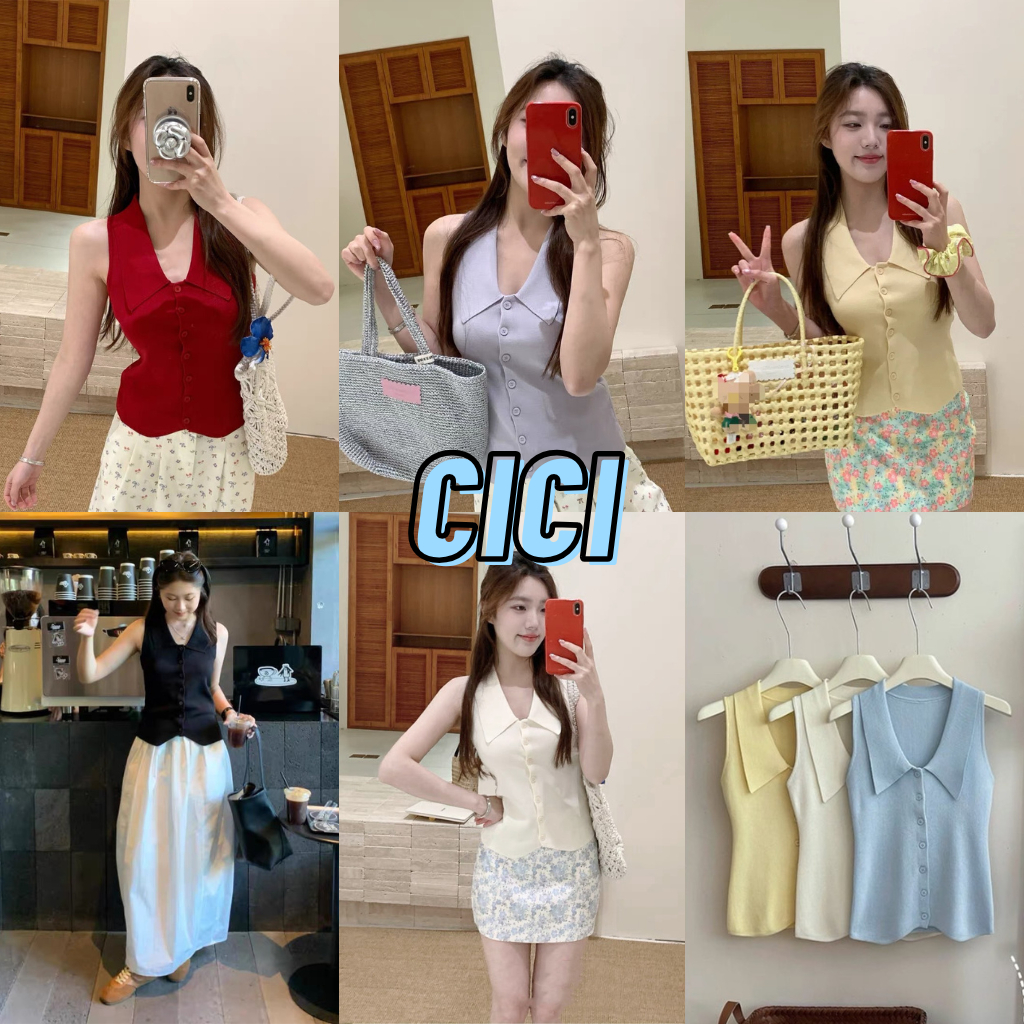 ส่งทันที Cici(NO. TZ8016) เสื้อไหมพรมแขนกุดคอปก แต่งกระดุม ทรงรัดรูป แฟชั่นสไตล์สาวเท่
