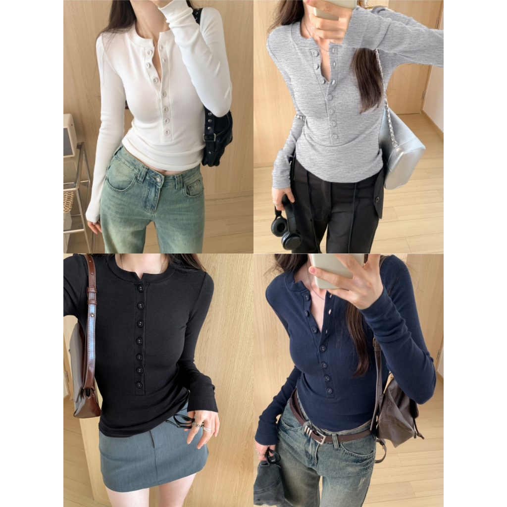 เสื้อครอปคอกลม เสื้อยืดกระดุม ทรงเข้ารูป ผ้าลูกฟูก ใส่กระดุมหน้า ผ้ายืดได้ #22339