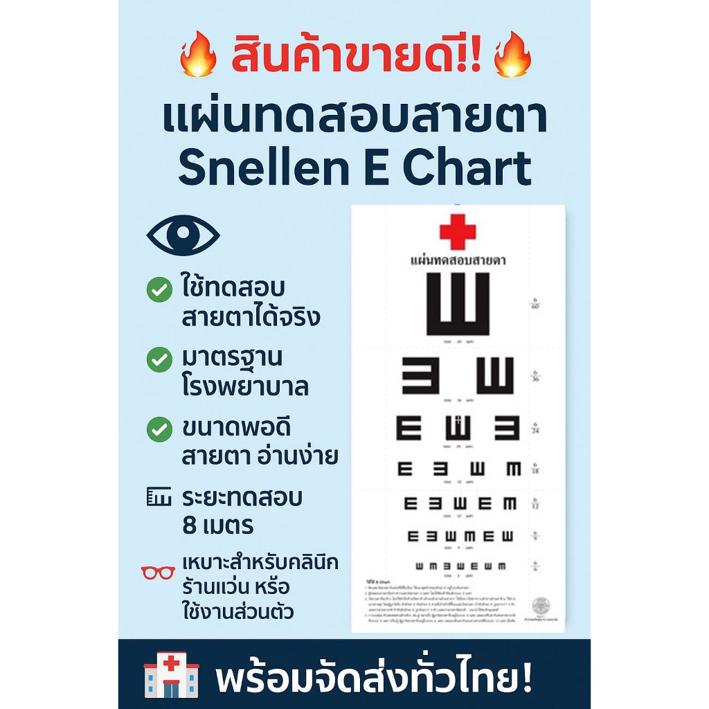 แผ่น E Chart ทดสอบสายตา Snellen Chart ขนาด 30x60 cm สำหรับวัดสายตา วัดสายตาสั้น สายตายาว ใช้งานทั่วไ