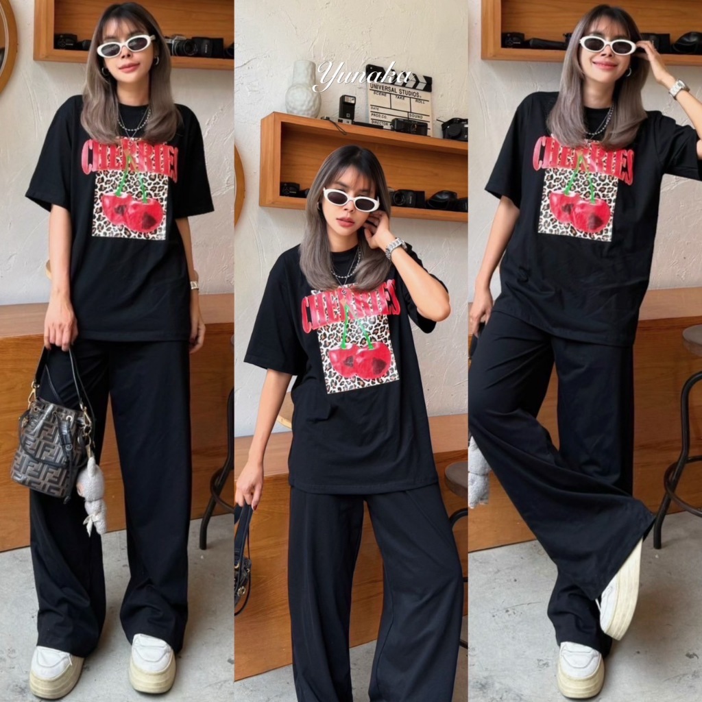 เซทเสื้อยืดคอกลมแขนสั้น ทรง Oversize สกรีนลายช่วงอก มาพร้อมกับกางเกงขายาว ทรงกระบอกใหญ่ ชุดเซ็ท - รูปที่ 3