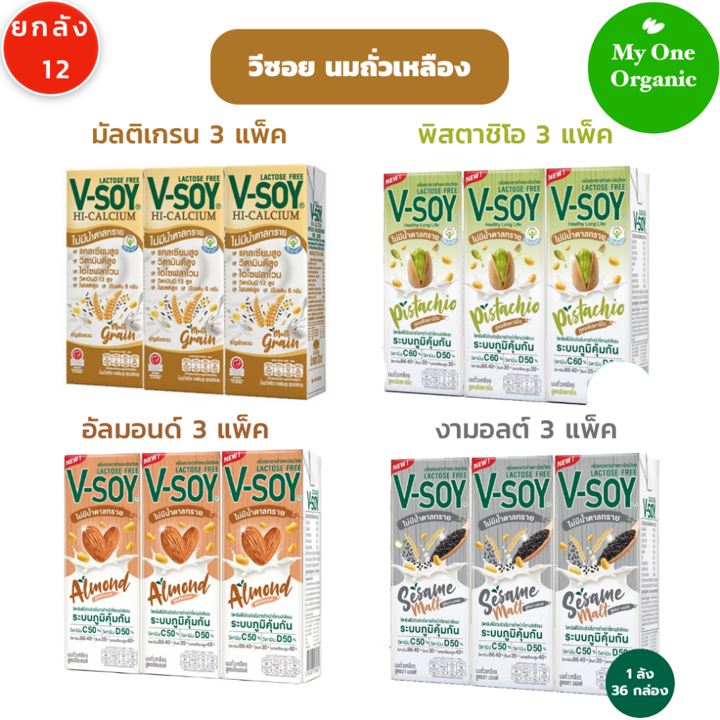 จัดให้ยกลัง 4 รส My1organic V-Soy วีซอย 12 แพ็ค สูตรมัลติเกรน อัลมอนด์ งามอลต์ พิสตาชิโอ @3 แพ็ค