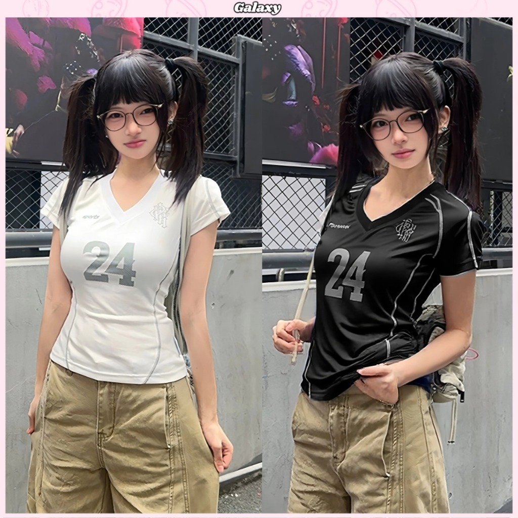 เสื้อยืดเเขนสั้น เสื้อยืดคอวี ทรงเข้ารูป ไหล่ตรง สุดเเท่ สไตล์Y2K #020314