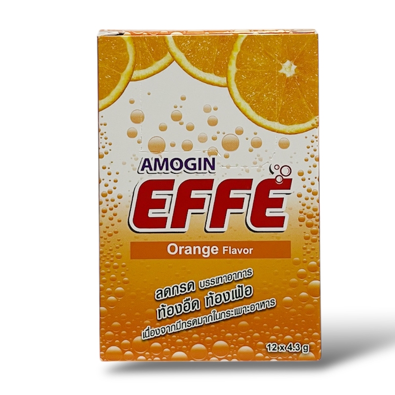 Amogin Effe Orange Flavour 12 sachets x 4.3 g. อาโมจิน เอฟเฟ รสส้ม 12 ซอง x 4.3 กรัม คลายกรด ลดแน่นเ