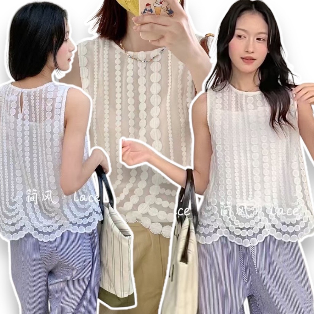 🔥พร้อมส่ง🔥เสื้อกล้ามลูกไม้ฉลุทั้งตัวสไตล์เกาหลีผ้าลูกไม้นุ่มไม่คันมีซับในตัว