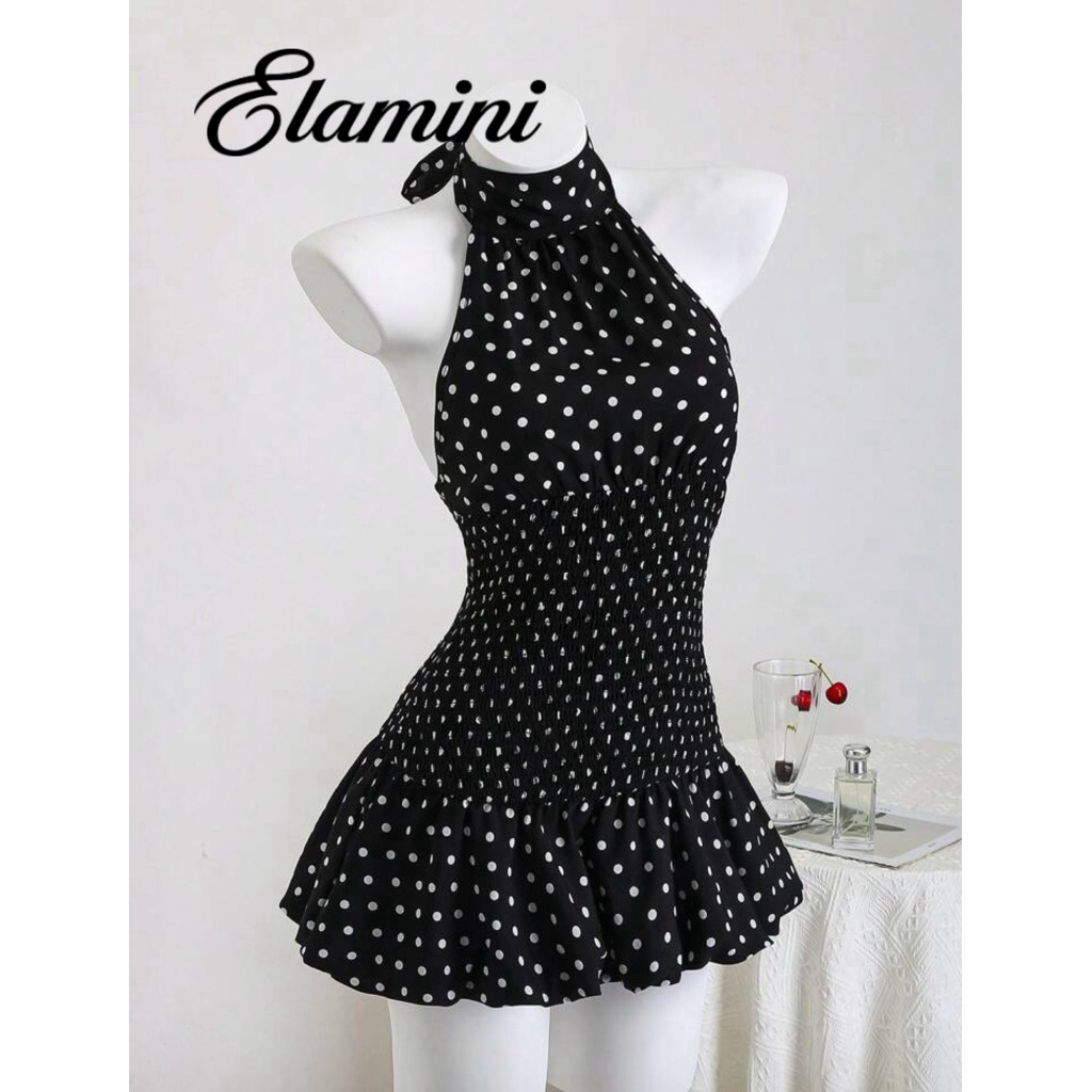 [PRE] Elamini - Polka Dots Mini Dress มินิเดรส เดรสสั้นโชว์หลัง แบบผูกโบว์ คอสูง แต่งระบาย