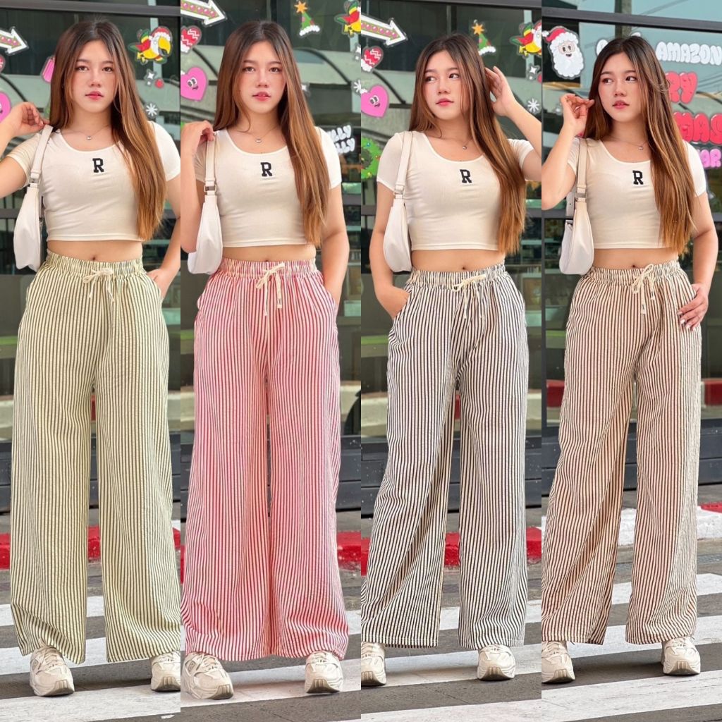 🌈🍓emma_clothing พร้อมส่งทุกวัน โค้ดลดเยอะ🍓🆙COD🆙 กางเกงขายาว ขากว้าง ลายทาง หลากสี เอวเชือกรูด กางเกงมีกระเป๋าข้าง K9187